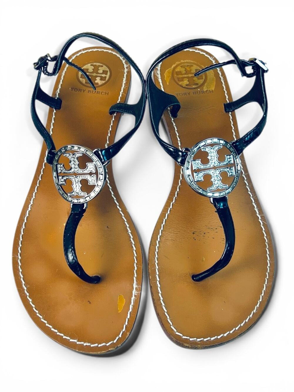 Tory Burch Violet Black Patent Rhinestone Logo Thong Sandals Size 10